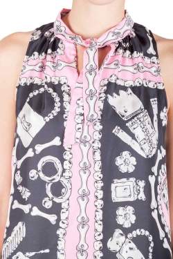 Pre Owned Moschino Cheap and Chic Pink and Black Silk Flinstone Print Detail Top M