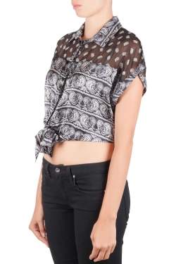 Pre Owned Pierre Balmain Black Paisley Printed Silk Semi Sheer Tie Knot Crop Top L 