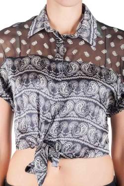 Pre Owned Pierre Balmain Black Paisley Printed Silk Semi Sheer Tie Knot Crop Top L 