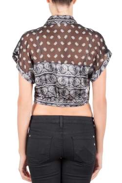Pre Owned Pierre Balmain Black Paisley Printed Silk Semi Sheer Tie Knot Crop Top L 