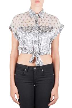 Pierre Balmain White Paisley Printed Silk Semi-Sheer Tie-Knot Crop Top L 