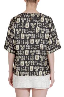 Pre Owned Dolce & Gabbana Black and Beige Dice Key Printed Silk Short Sleeve Top M 