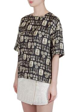 Pre Owned Dolce & Gabbana Black and Beige Dice Key Printed Silk Short Sleeve Top M 