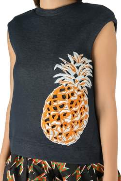 MSGM Indigo Blue Cotton Knit Pineapple Applique Sleeveless Sweatshirt S