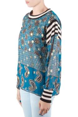 Pre Owned Anna Sui Teal Blue Bouquet Scarf Print Silk Ribbed Trim Tunic Top M