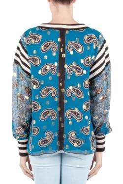 Pre Owned Anna Sui Teal Blue Bouquet Scarf Print Silk Ribbed Trim Tunic Top M