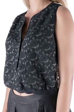 Pre Owned Yigal Azrouel Jet Optic Paisley Embroidered Lace Crop Top M