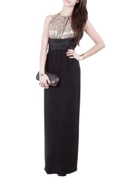 Mikael Aghal Black Crepe and Gold Sequin Embellished Gown S 