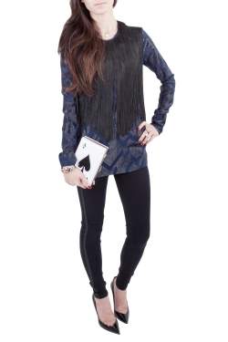 Yigal Azrouel Navy Blue Chevron Pattern Silk Fringe Detail Blouse S