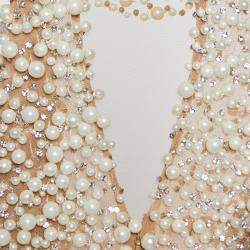 Yousef Al Jasmi Cream Pearl Embellished Tulle Sheer Evening Dress S
