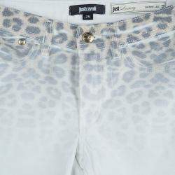 Pre Owned Just Cavalli White Denim Washed Out Leopard Print Skinny Jeans S