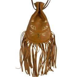 مملوكة مسبقًا Charlotte Olympia Brown Leather Fringe Kitty Set of 2 Pochette 