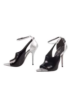 Pre Owned صندل أليكساندر وانغ سير كاحل كارولين جلد منقوش أسود/ فضي ميتالك مقاس 36.5