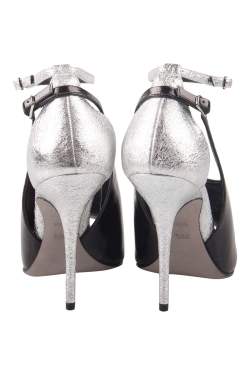 Pre Owned صندل أليك ساندر وانغ سير كاحل كارولين جلد منقوش أسود/ فضي ميتالك مقاس 36.5