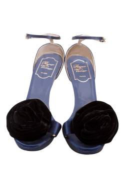 Roger Vivier Blue Satin And Black Floral Ankle Strap Platform Sandals Size 38