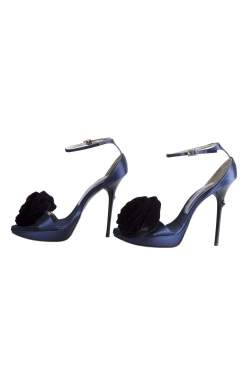 Roger Vivier Blue Satin And Black Floral Ankle Strap Platform Sandals Size 38