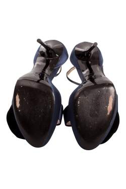 Roger Vivier Blue Satin And Black Floral Ankle Strap Platform Sandals Size 38