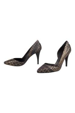 Pre Owned McQ by Alexander McQueen Black/Gold Croc-Effect Metallic Leather Pumps Size 36