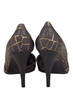 Pre Owned McQ by Alexander McQueen Black/Gold Croc-Effect Metallic Leather Pumps Size 36