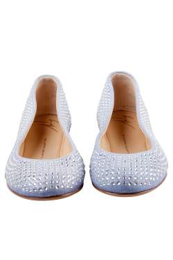 Pre Owned Giuseppe Zanotti Light Blue Suede Crystal Embellished Ballet Flats Size 38