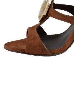 Pre Owned صندل جوسيبي زانوتي سويدي بني أحجار مزخرفة سير حرف T مقدمة مفتوحة مقاس 37