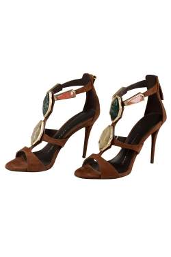 Pre Owned صندل جوسيبي زانوتي سويد ي بني أحجار مزخرفة سير حرف T مقدمة مفتوحة مقاس 37