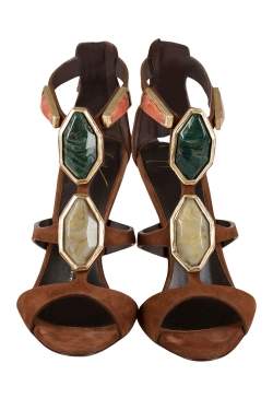 Pre Owned صندل جوسيبي زانوتي سويدي بني أحجار مزخرفة سير حرف T مقدمة مفتوحة مقاس 37