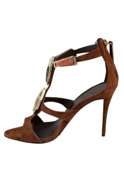 Pre Owned صندل جوسيبي زانوتي سويدي بني أحجار مزخرفة سير حرف T مقدمة مفتوحة مقاس 37