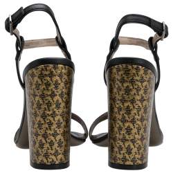 Pre Owned Lanvin Black/Gold Fabric and Leather Ankle Strap Block Heel Sandals Size 38