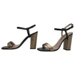Pre Owned Lanvin Black/Gold Fabric and Leather Ankle Strap Block Heel Sandals Size 38