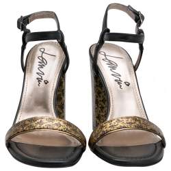 Pre Owned Lanvin Black/Gold Fabric and Leather Ankle Strap Block Heel Sandals Size 38