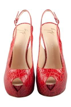 Pre Owned صندل جوسيبي زانوتي جلد مونرو نقشة التمساح أحمر مقدمة مفتوحة نعل سميك مقاس 37.5