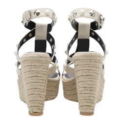 Pre Owned Nicholas Kirkwood Beige Patent Leather Stud And Pearl Embellished Strappy Espadrille Wedges Sandals Size 37