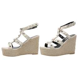 Pre Owned Nicholas Kirkwood Beige Patent Leather Stud And Pearl Embellished Strappy Espadrille Wedges Sandals Size 37