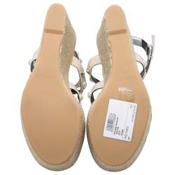 Pre Owned Nicholas Kirkwood Beige Patent Leather Stud And Pearl Embellished Strappy Espadrille Wedges Sandals Size 37