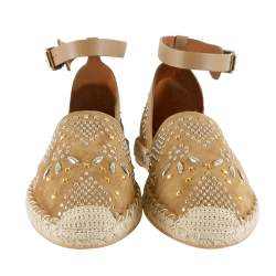 Pre Owned Valentino Brown Embellished Suede And Leather Ankle Strap Espadrilles Size 40