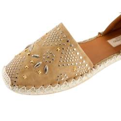Pre Owned Valentino Brown Embellished Suede And Leather Ankle Strap Espadrilles Size 40
