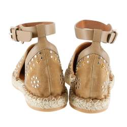 Pre Owned Valentino Brown Embellished Suede And Leather Ankle Strap Espadrilles Size 40