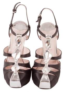 Pre Owned Miu Miu Black Satin Bejeweled T-Strap Platform Sandals Size 37.5