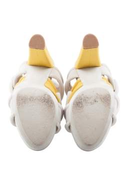 Pre Owned Balenciaga Cream Fabric Criss-Cross Straps Platform Block Heel Sandals 37.5