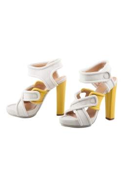 Pre Owned Balenciaga Cream Fabric Criss-Cross Straps Platform Block Heel Sandals 37.5