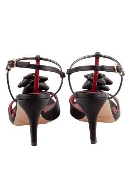 Marc Jacobs Black Satin And Leather Trim T Strap Flower Detail Open Toe Sandals Size 36
