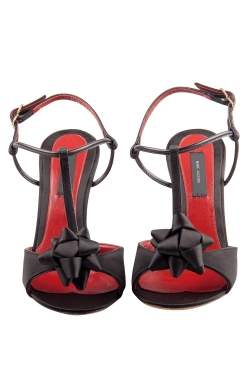Marc Jacobs Black Satin And Leather Trim T Strap Flower Detail Open Toe Sandals Size 36