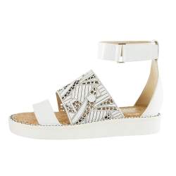 Pre Owned Nicholas Kirkwood White Laser-Cut Leather Peter Pilotto Ankle Strap Flat Sandals Size 37.5
