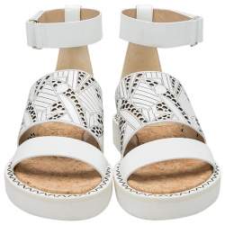 Pre Owned Nicholas Kirkwood White Laser-Cut Leather Peter Pilotto Ankle Strap Flat Sandals Size 37.5