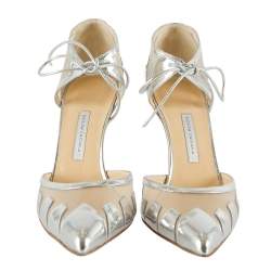 Bionda Castana Metallic Silver Leather And Mesh Lana Pointed Toe Pumps Size 38