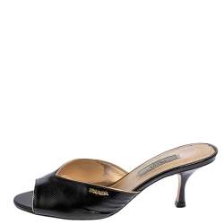 Pre Owned Prada Black Saffiano Patent Leather Mule Sandals Size 37.5