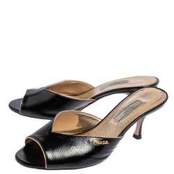 Pre Owned Prada Black Saffiano Patent Leather Mule Sandals Size 37.5