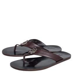Pre Owned Gucci Brown Leather GG Thong Slide Sandals Size 43.5