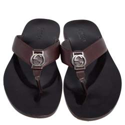 Pre Owned Gucci Brown Leather GG Thong Slide Sandals Size 43.5